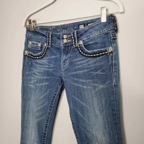 MISS ME • Y2K Crystal Wings Bootcut Jeans Sz 27 - Picture 4 of 9
